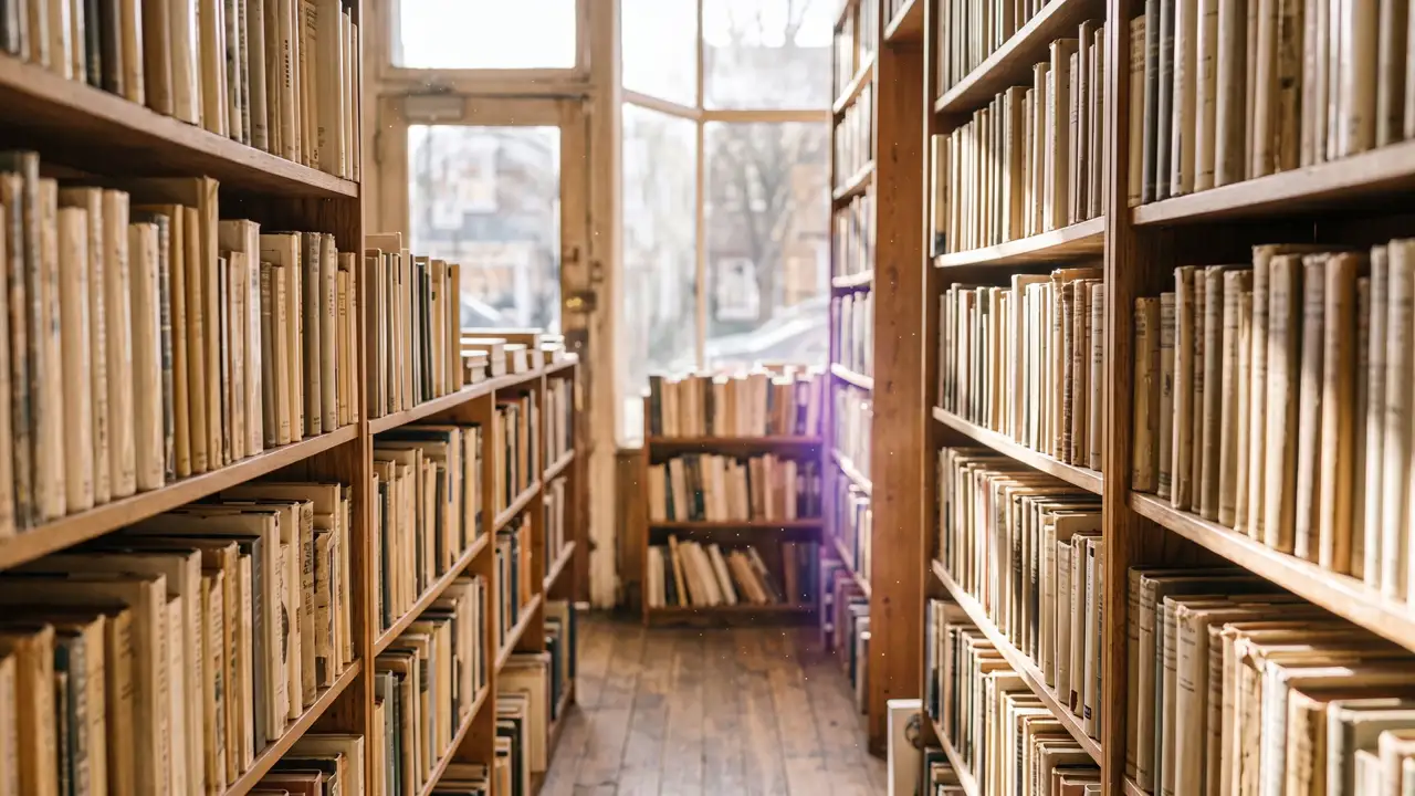 Walking into a bright secondhand bookshop aisle
