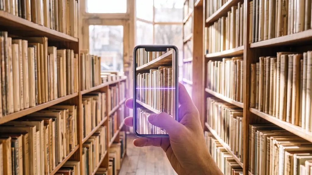 A phone scanning book spines with a violet scanline