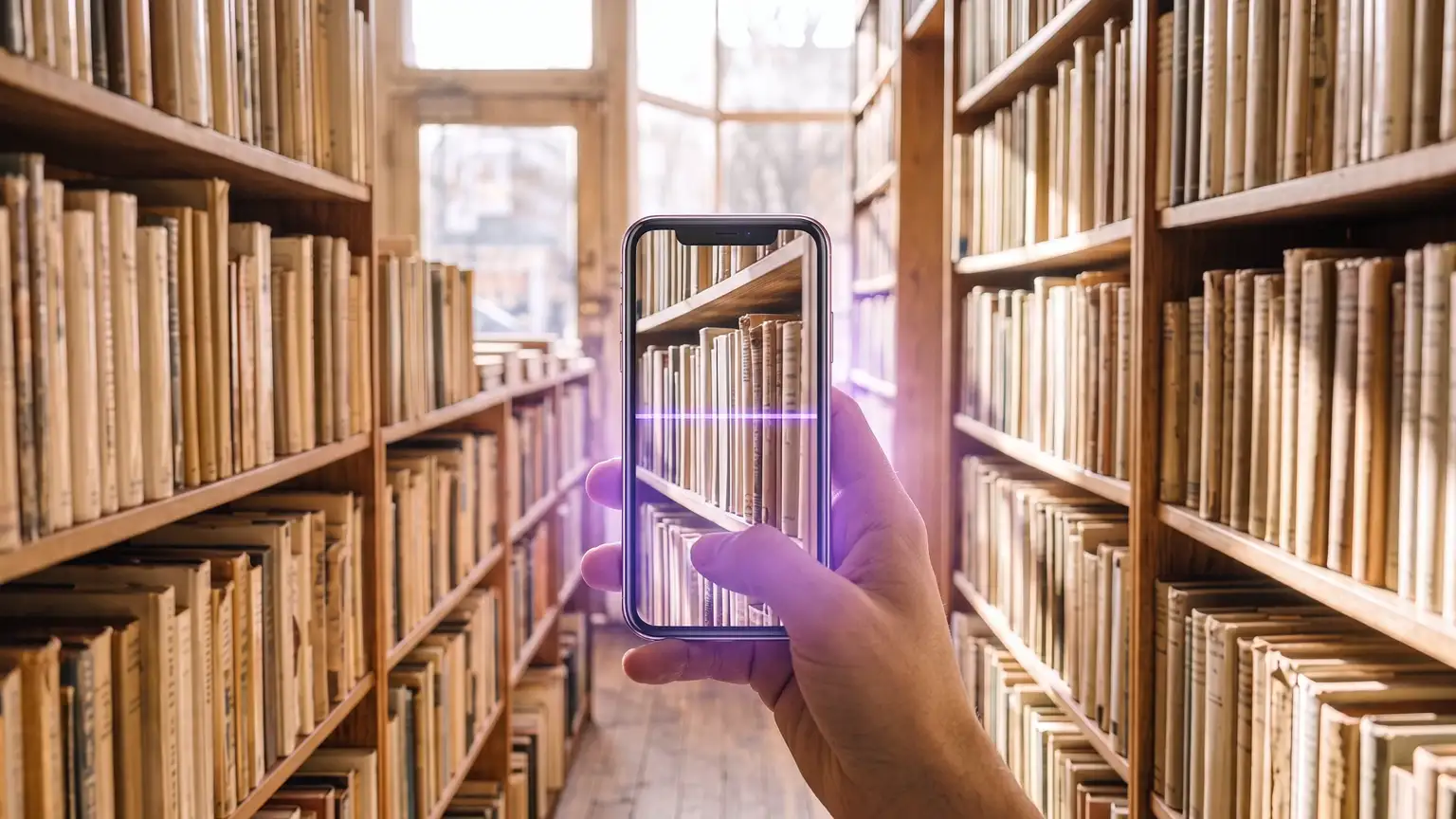 A book lifting off the shelf trailing violet light