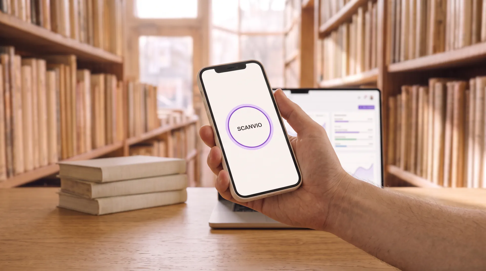 A hand holding a phone with the Scanvio app above the desk